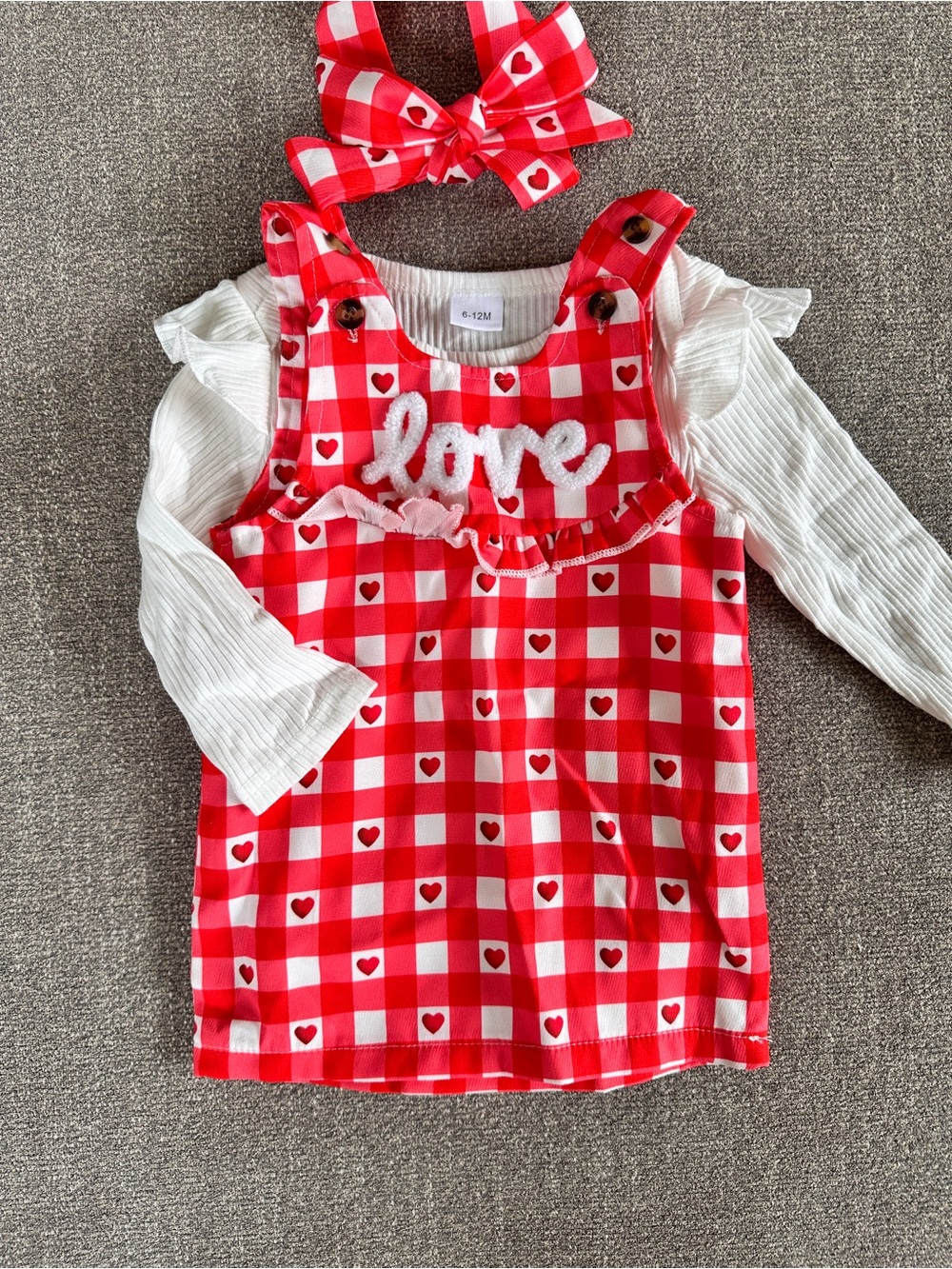 New Red Gingham 'Love' overall Dress with white Long-Sleeve onesie